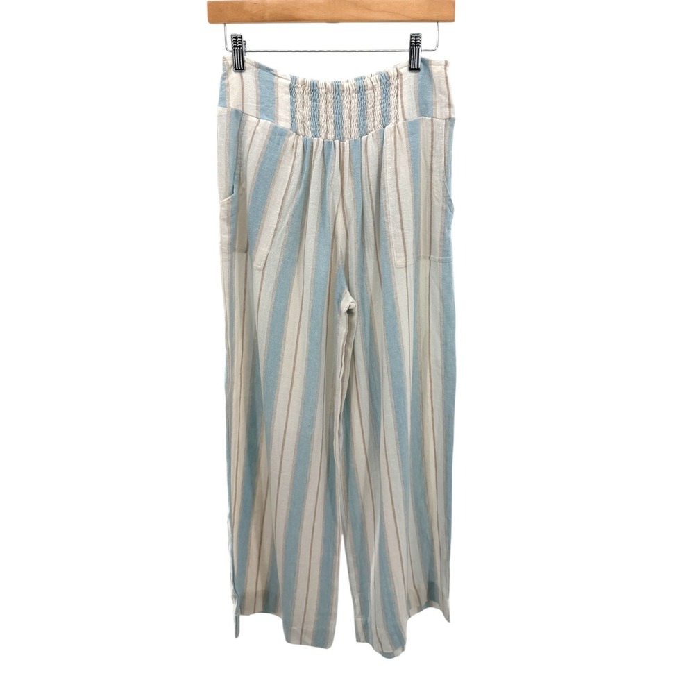Nomad The Label Blue Striped Linen Viscose Wide Leg Smocked Pants Womens 12 NEW